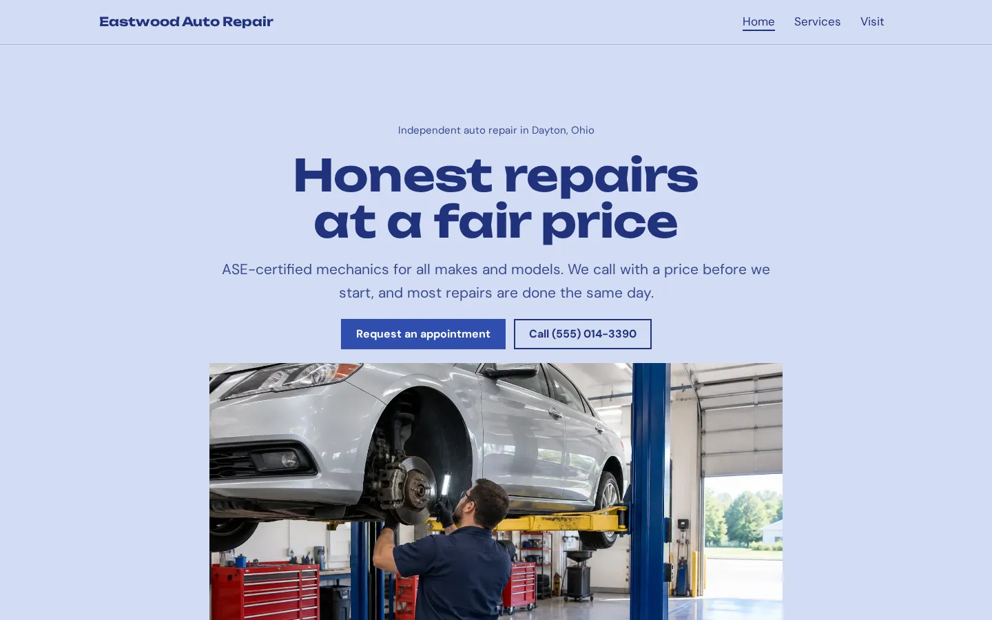 The auto repair website template on a desktop screen