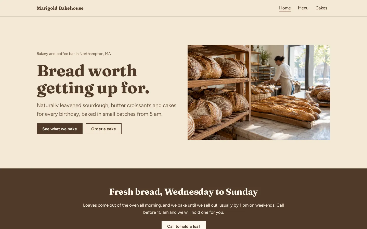 The bakery website template on a desktop screen
