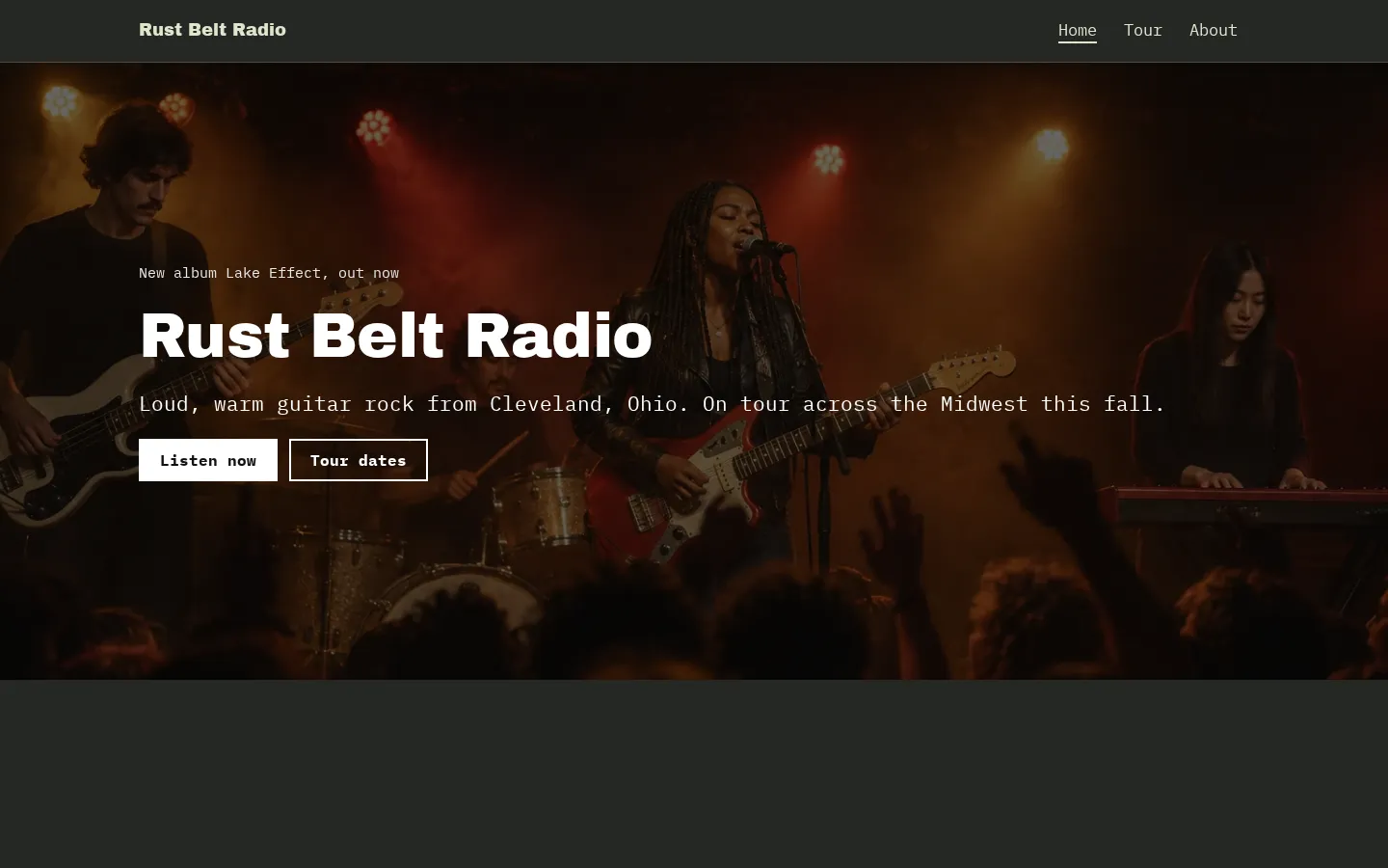 The band website template on a desktop screen