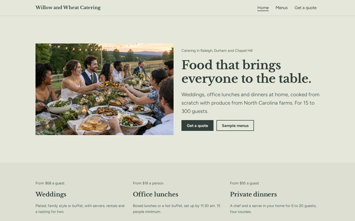 The catering website template on a desktop screen