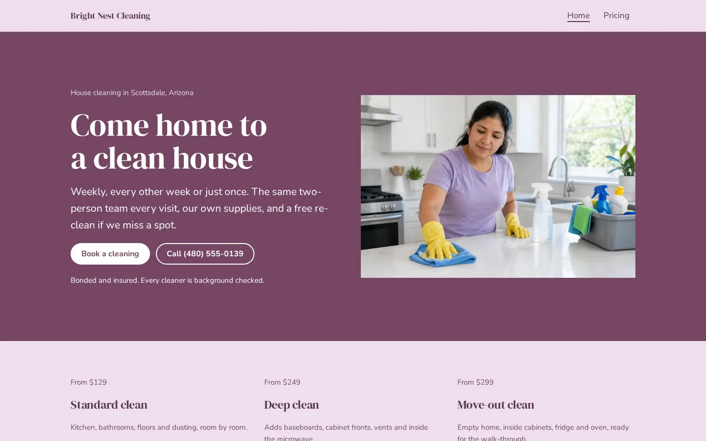 The cleaning business website template on a desktop screen