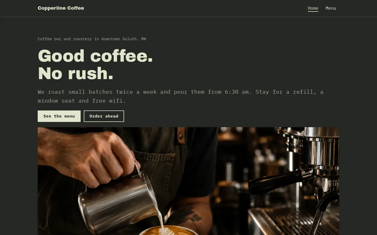 The coffee shop website template on a desktop screen