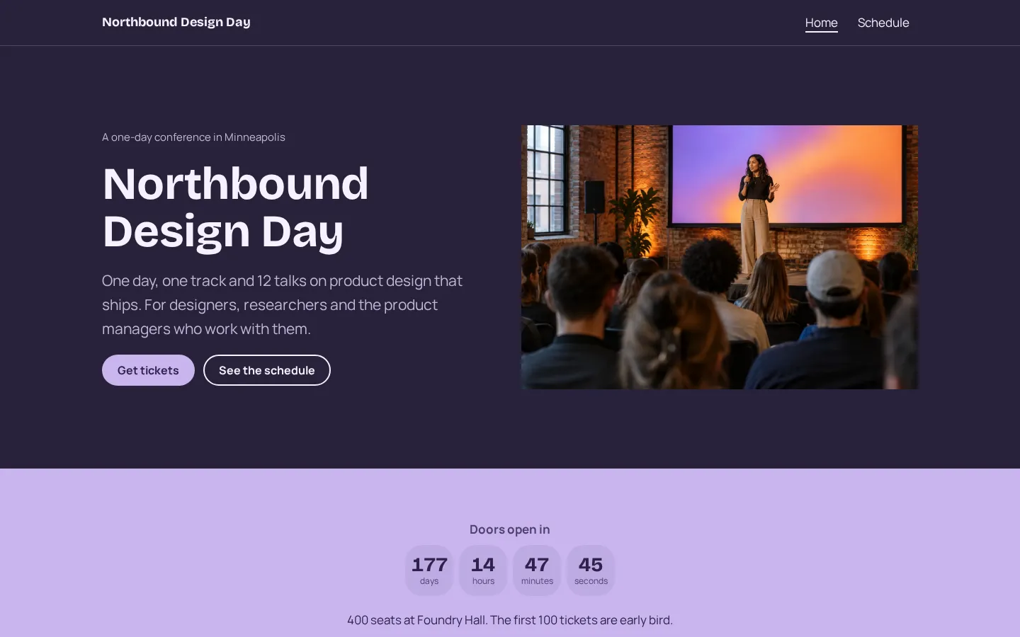 The event website template on a desktop screen