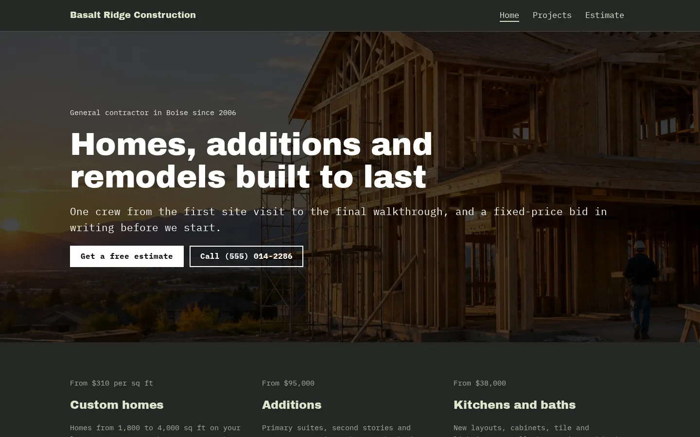 The construction website template on a desktop screen
