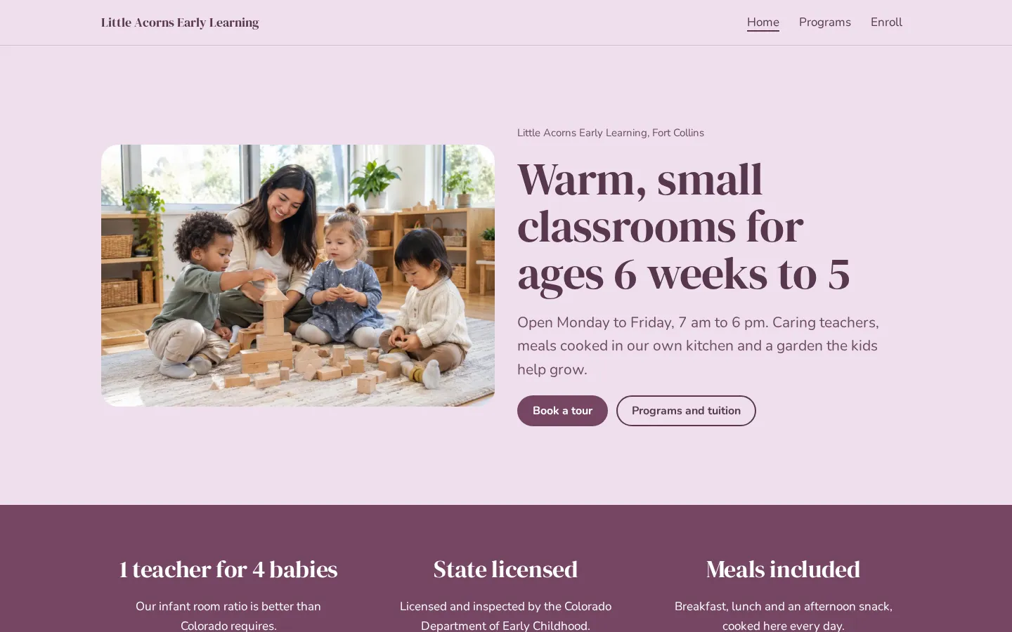 The daycare website template on a desktop screen