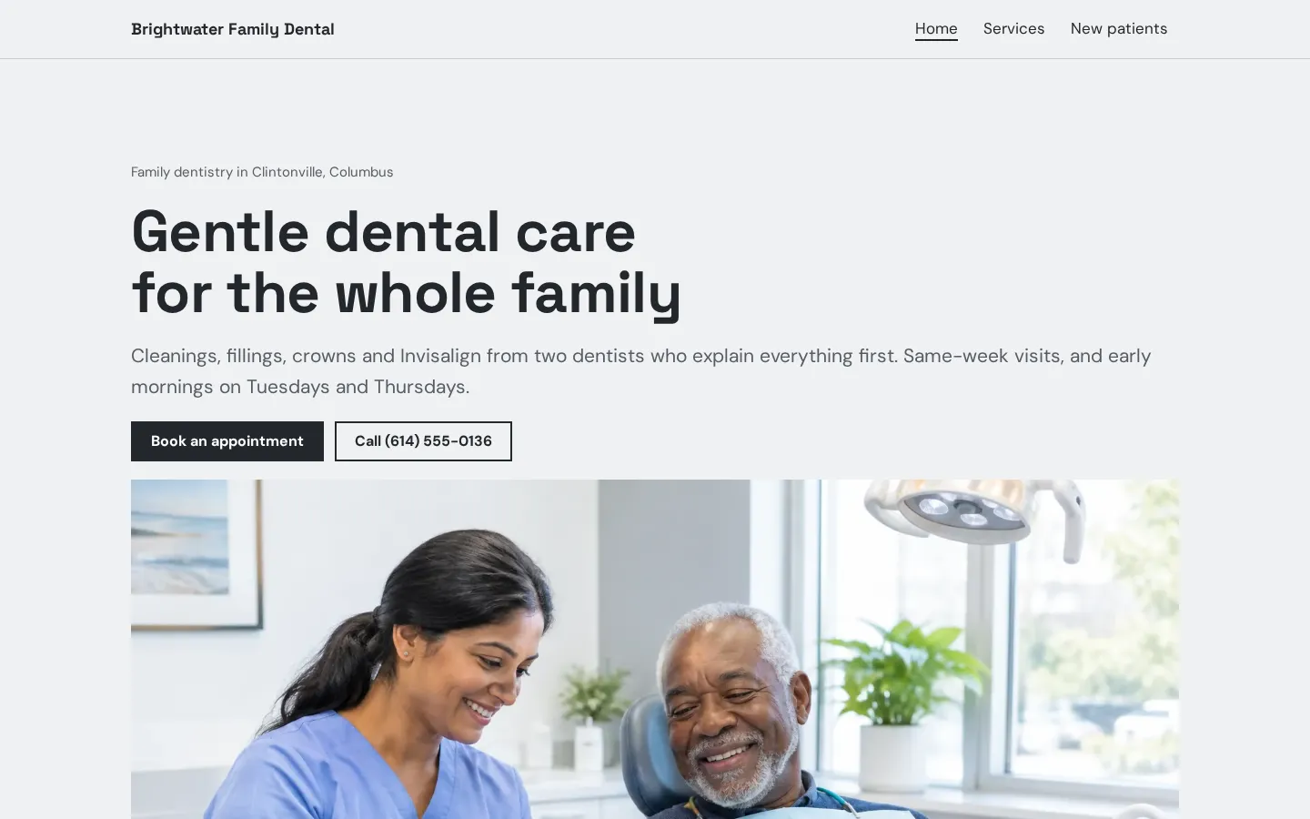 The dentist website template on a desktop screen
