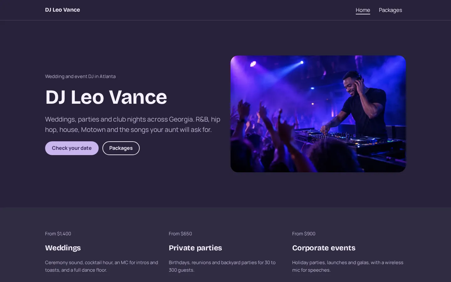 The DJ website template on a desktop screen