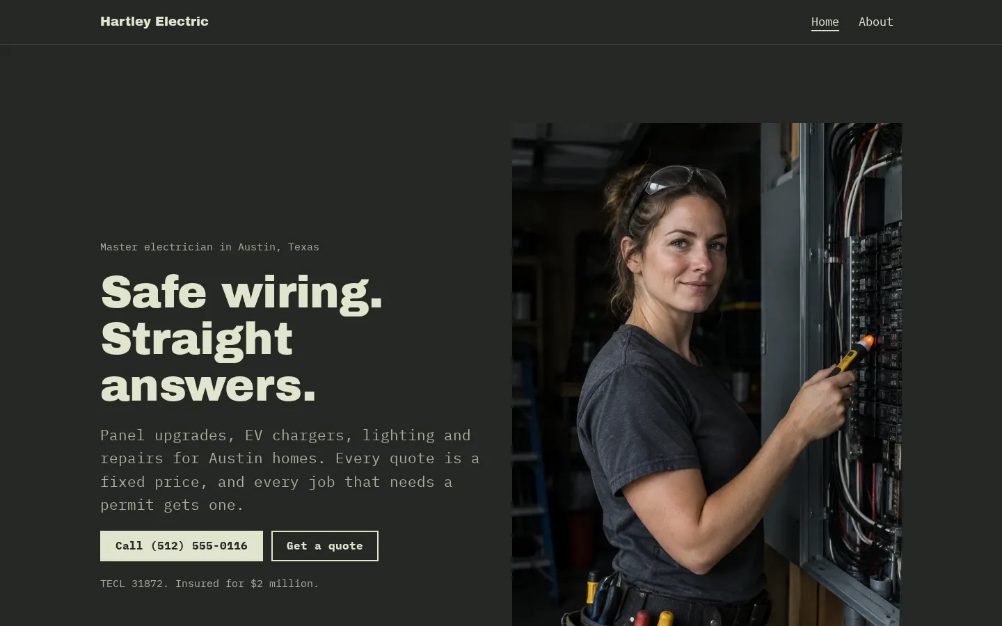 The electrician website template on a desktop screen