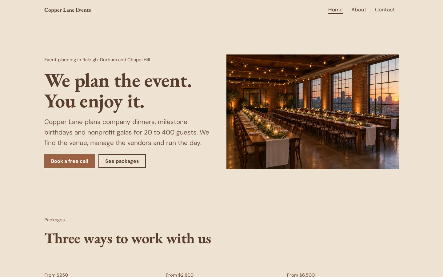 The event planner website template on a desktop screen