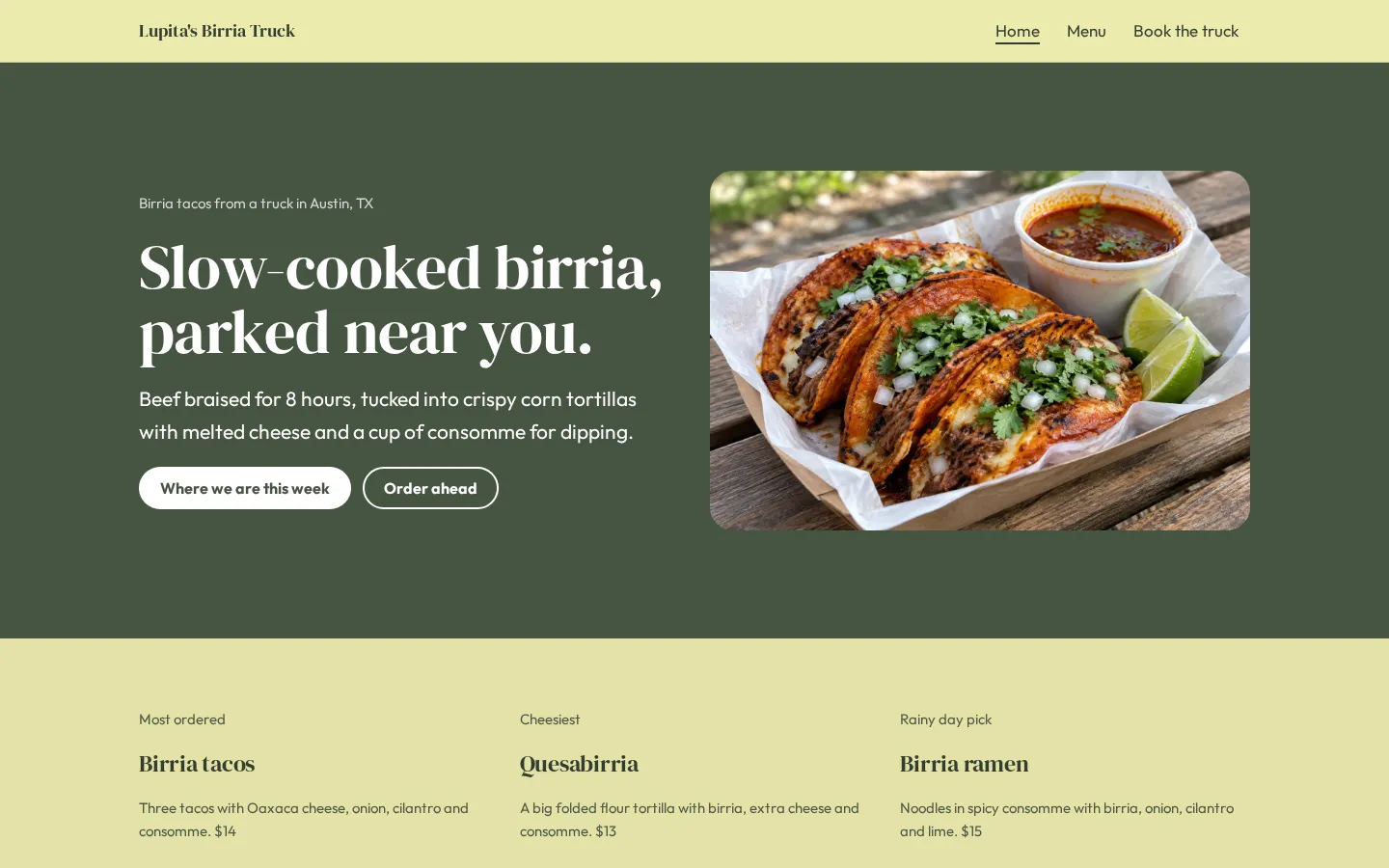 The food truck website template on a desktop screen