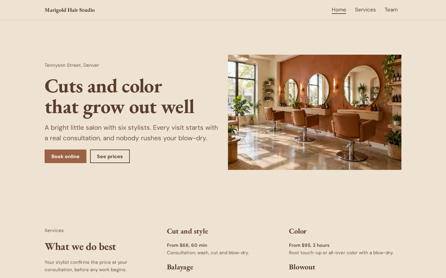 The hair salon website template on a desktop screen