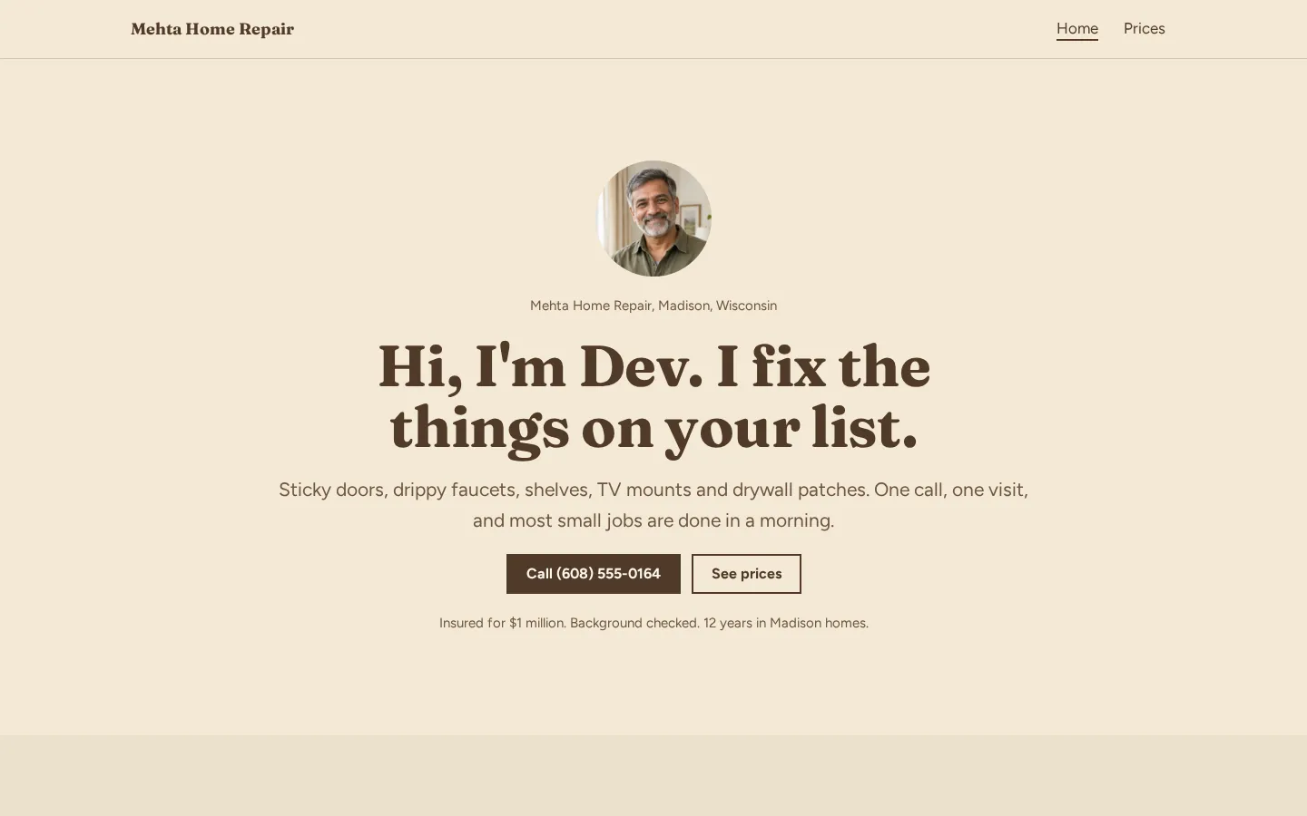The handyman website template on a desktop screen