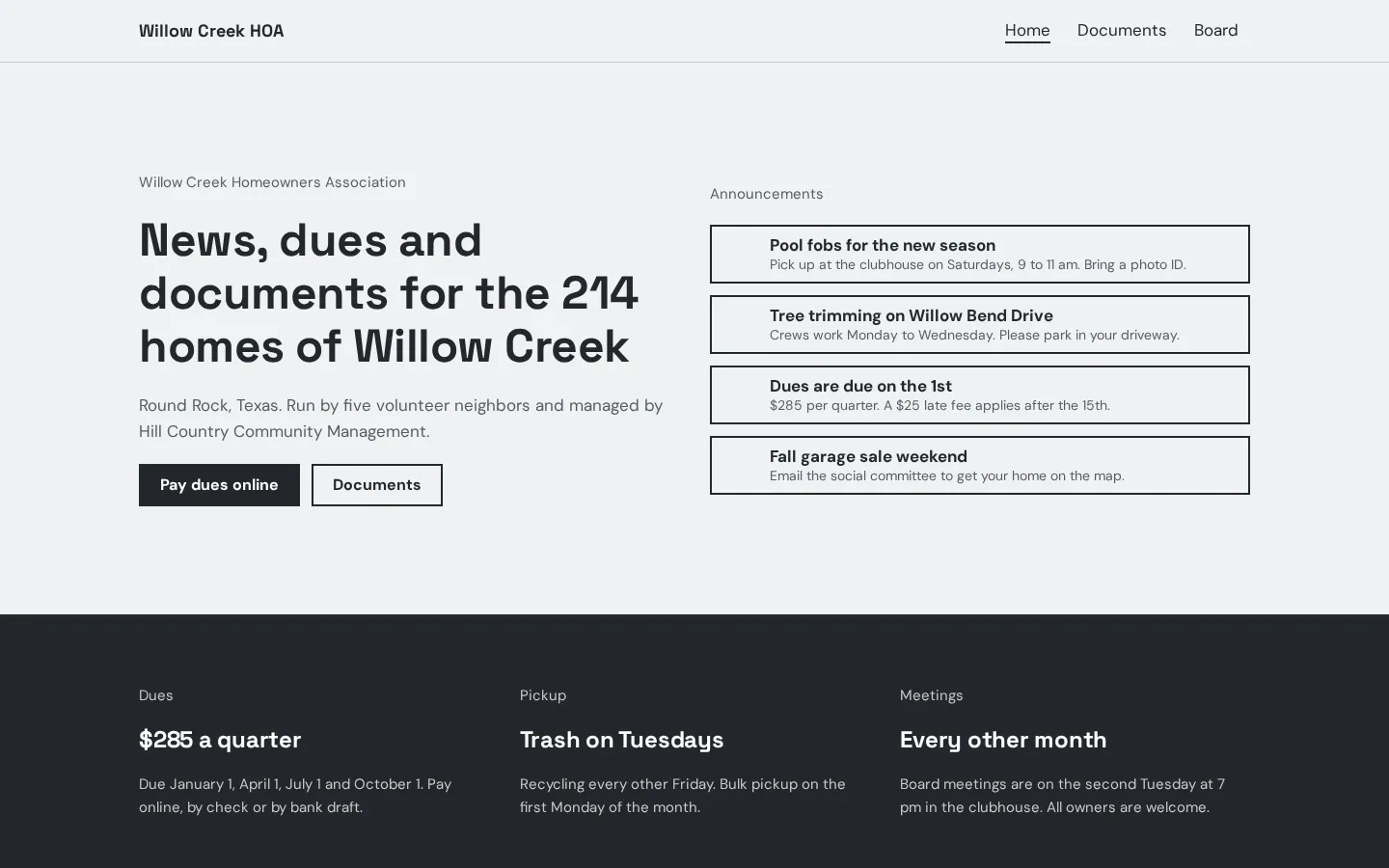 The HOA website template on a desktop screen