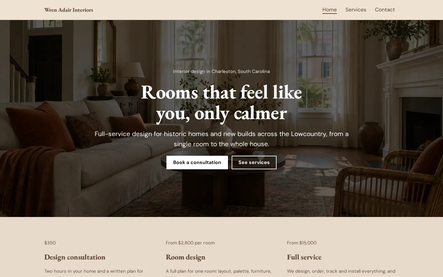 The interior design website template on a desktop screen