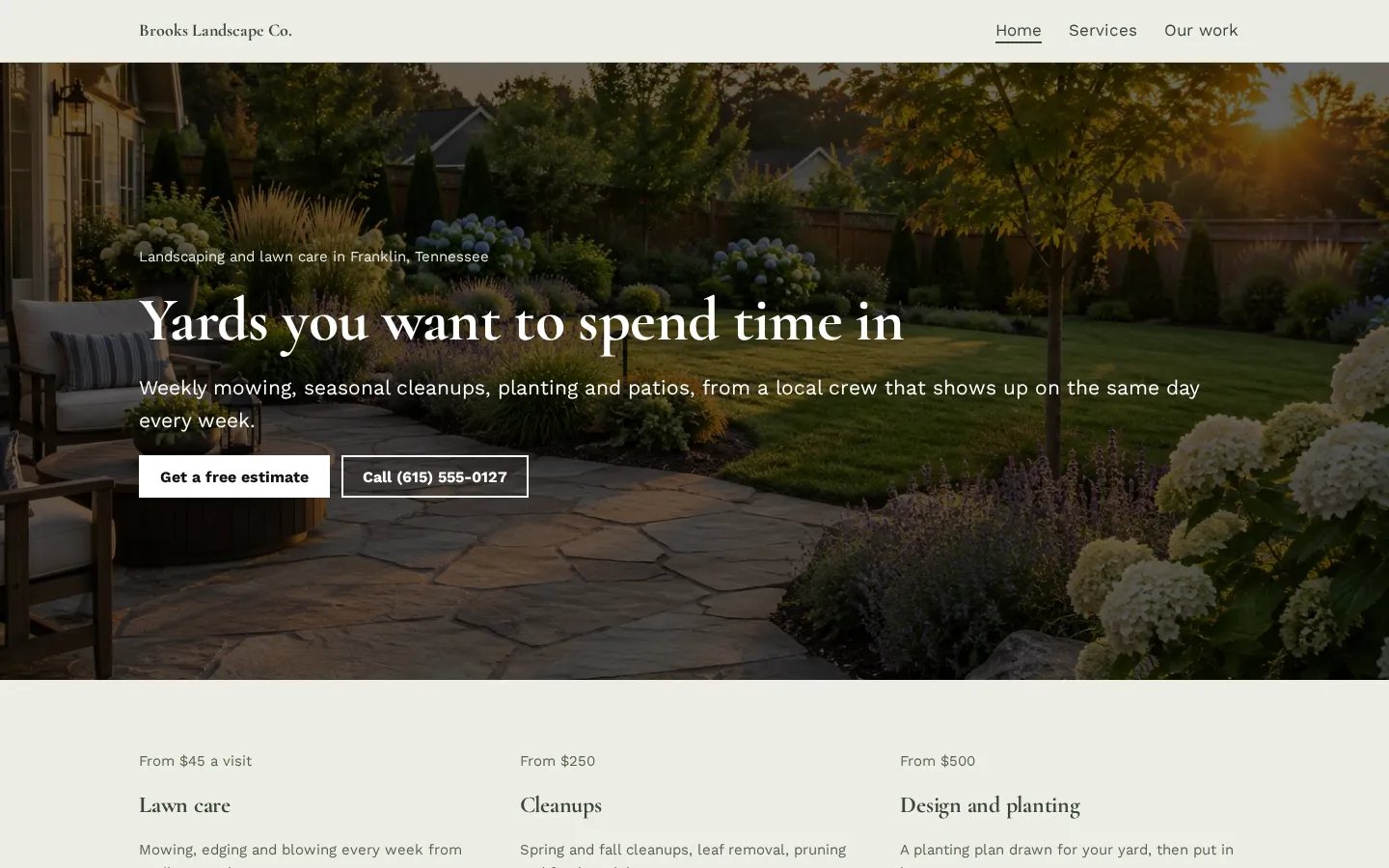 The landscaping website template on a desktop screen