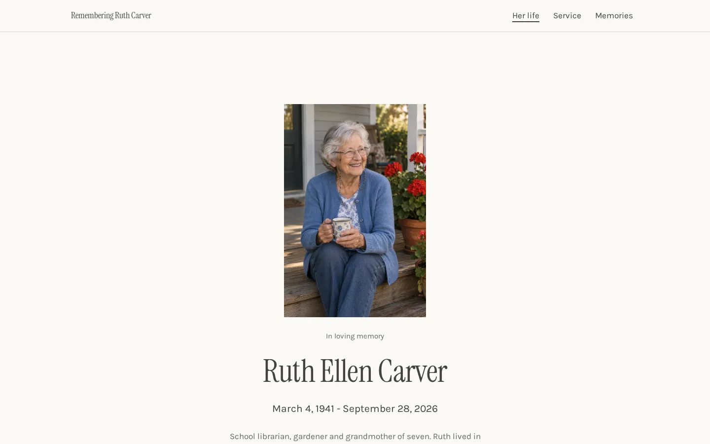 The memorial website template on a desktop screen
