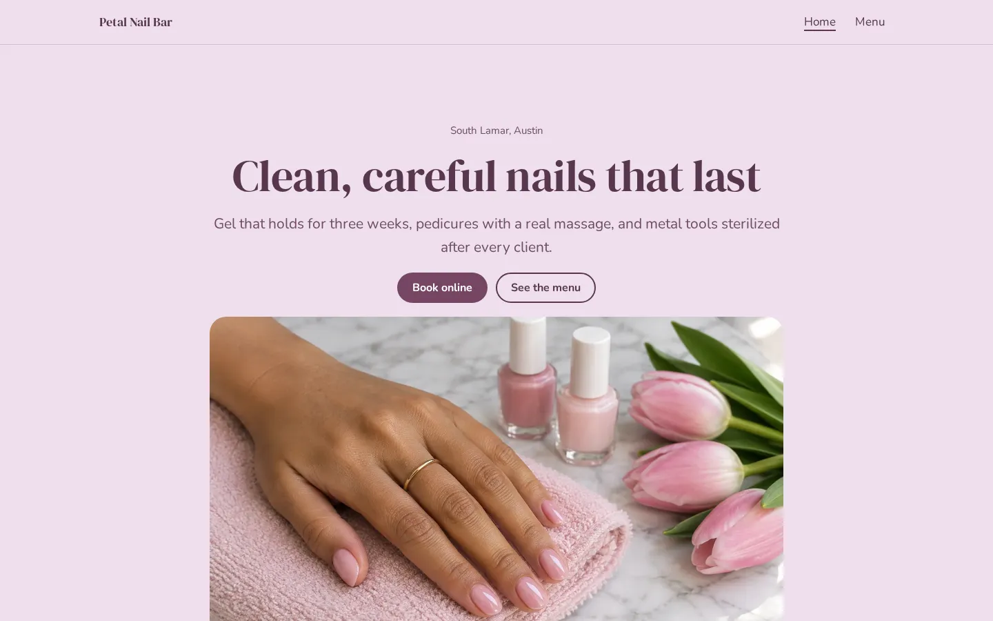 The nail salon website template on a desktop screen