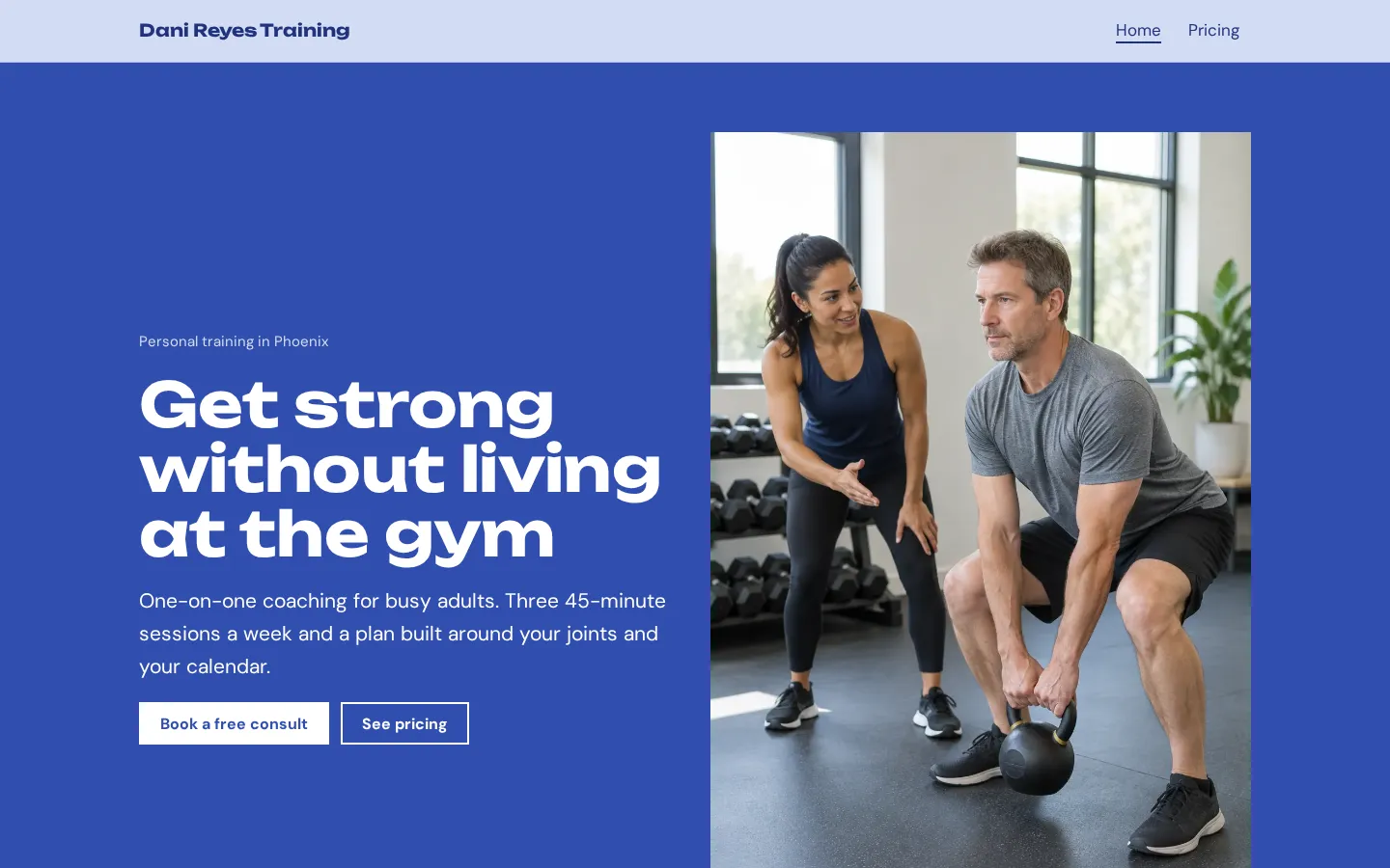 The personal trainer website template on a desktop screen