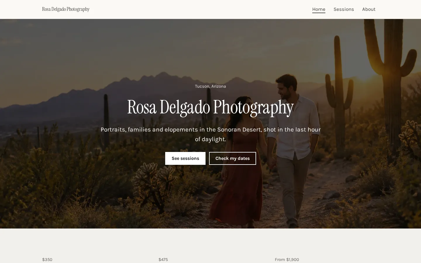 The photography website template on a desktop screen