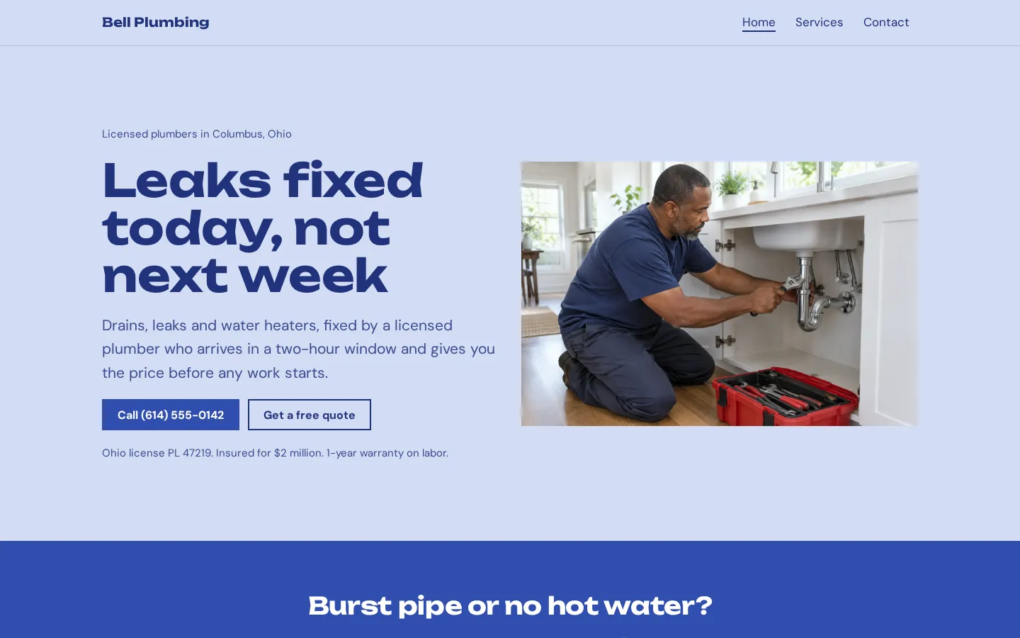 The plumber website template on a desktop screen