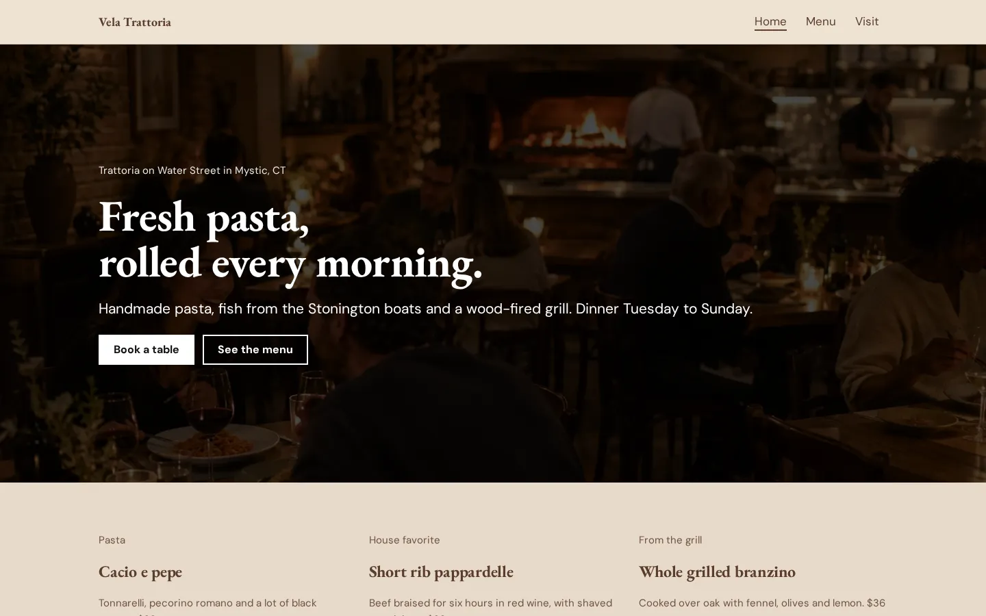 The restaurant website template on a desktop screen