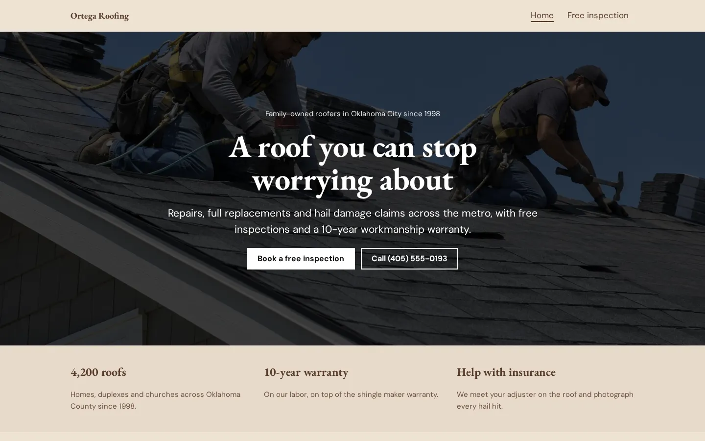 The roofing website template on a desktop screen