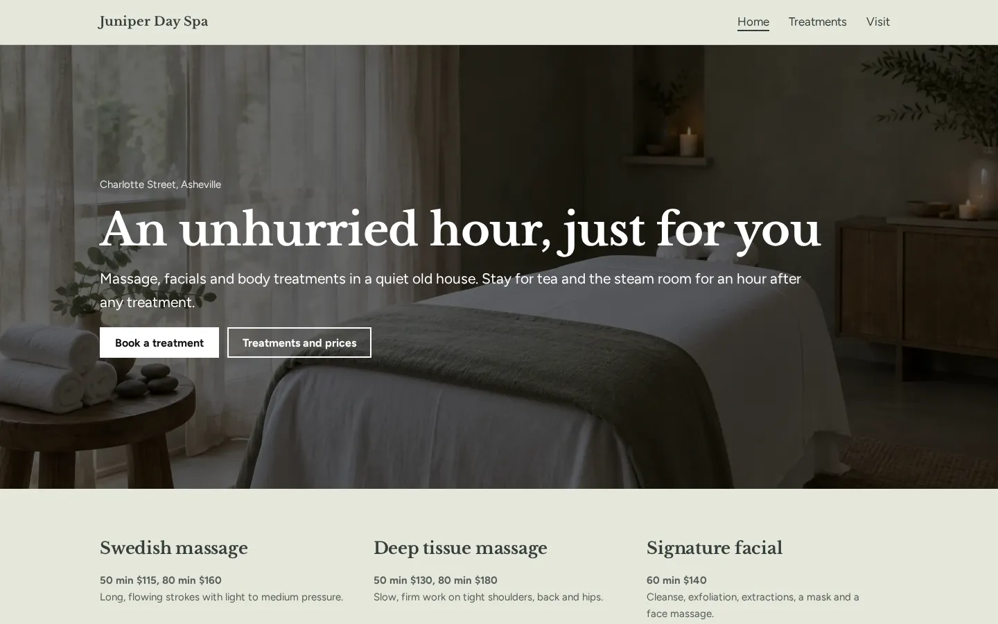 The spa website template on a desktop screen