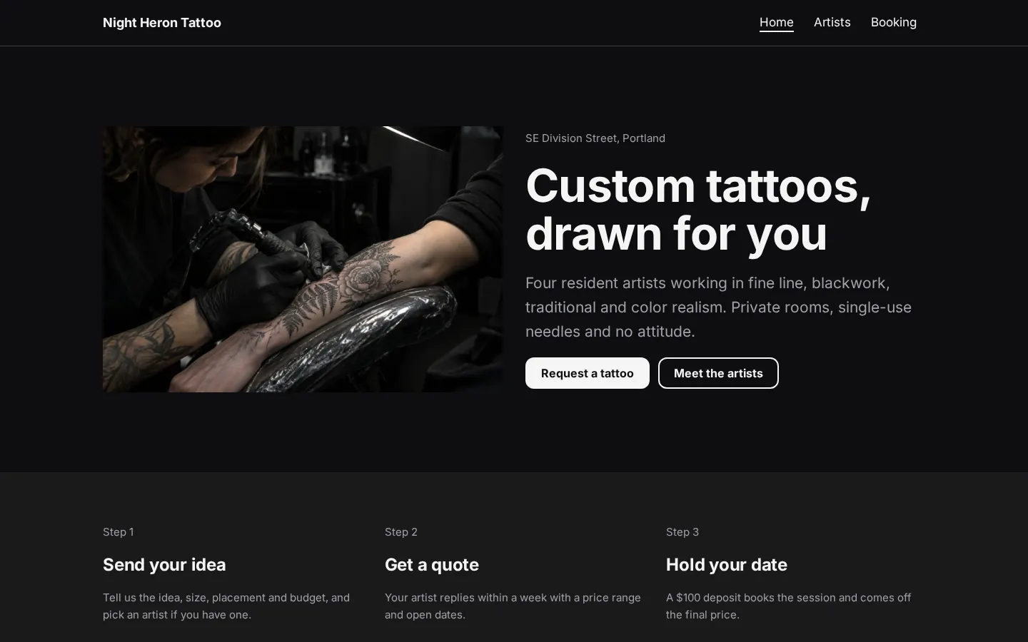 The tattoo website template on a desktop screen