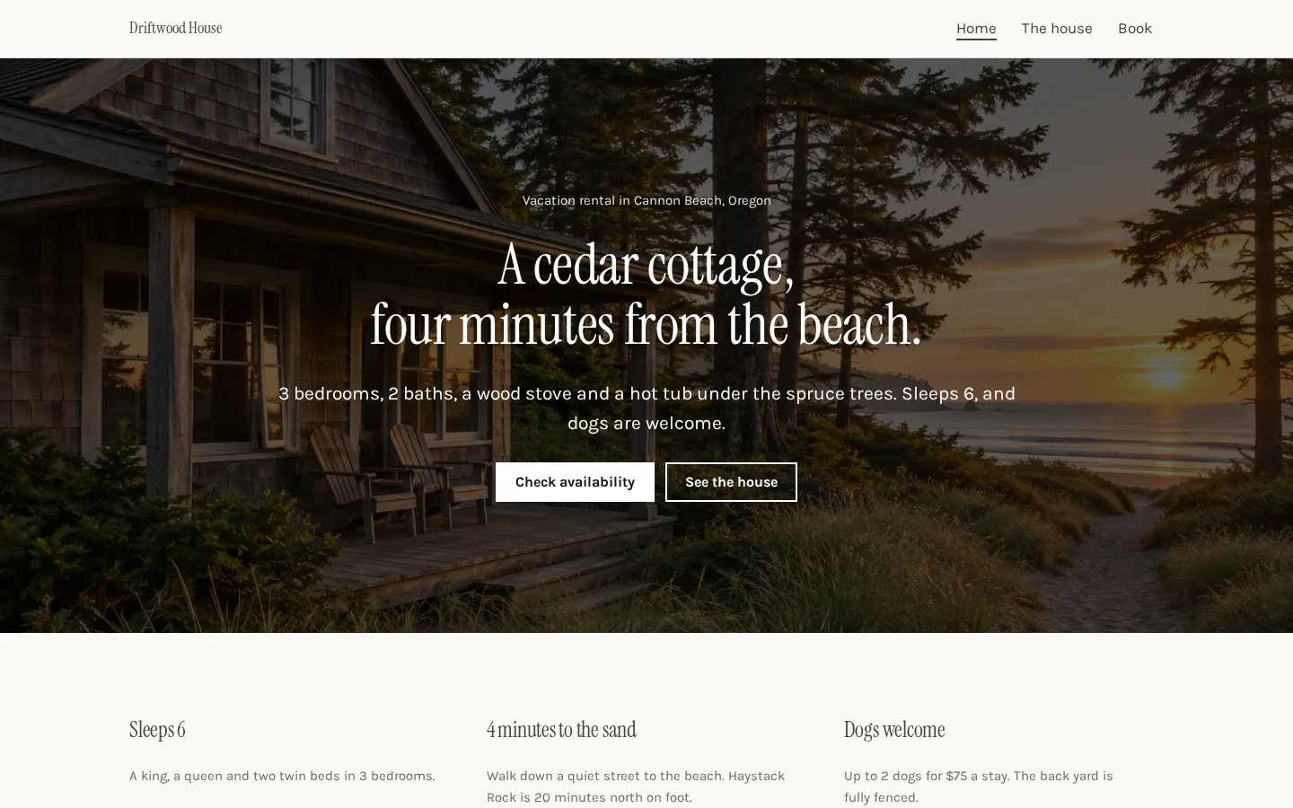 The vacation rental website template on a desktop screen