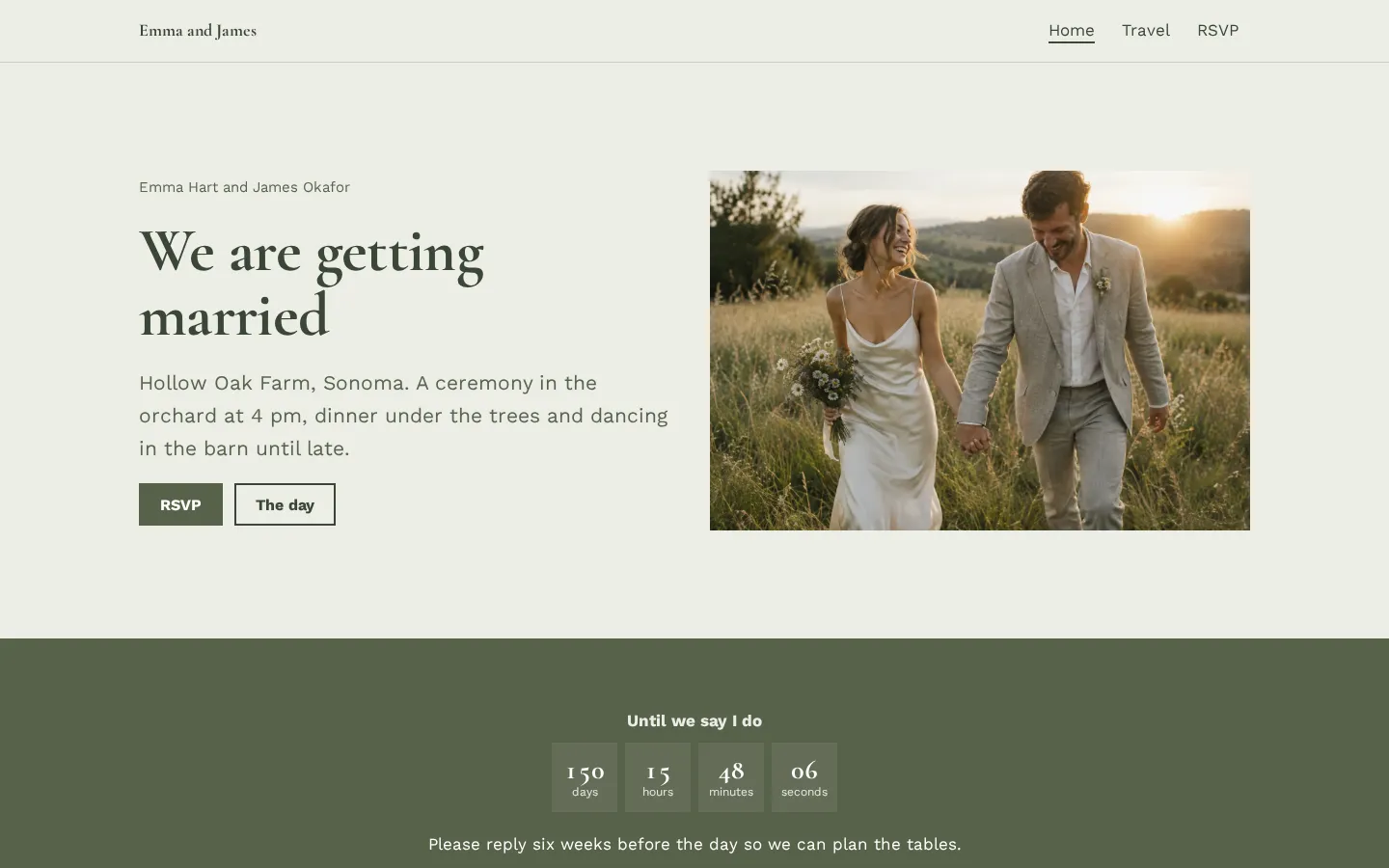 The wedding website template on a desktop screen