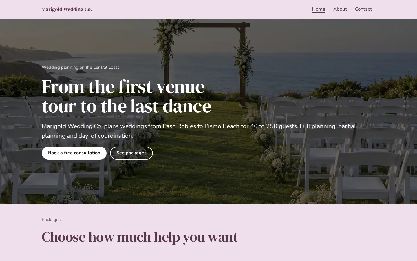 The wedding planner website template on a desktop screen