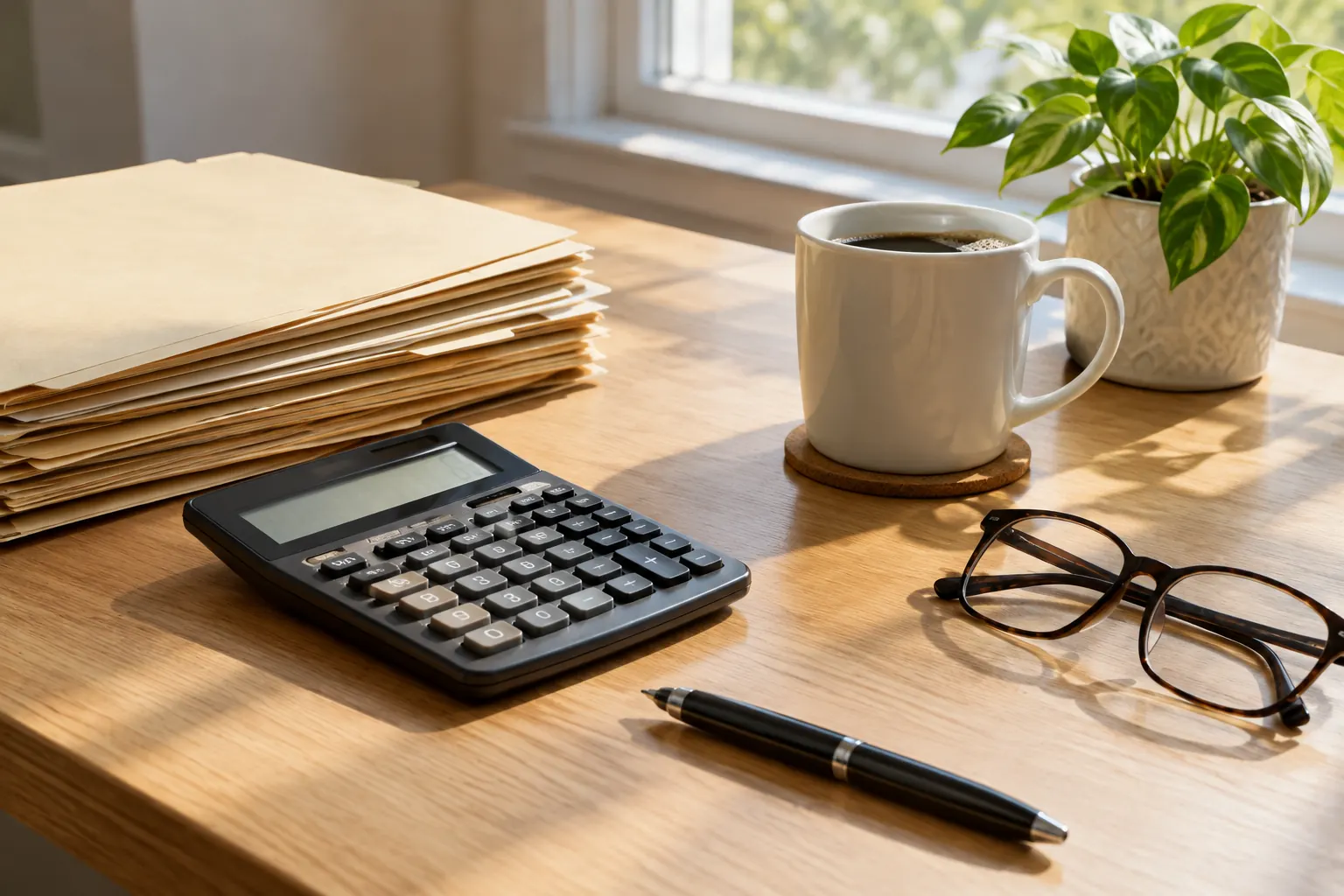 A desk with tax folders, a calculator and a cup of coffee
