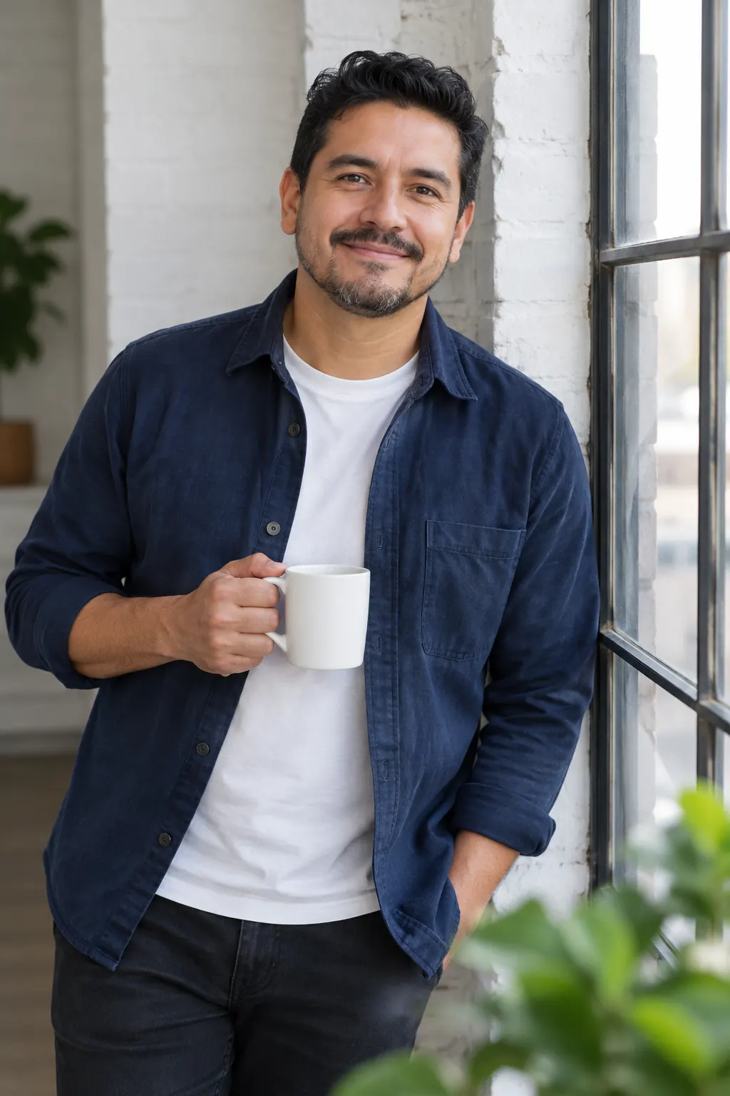 Agency founder holding a coffee mug by a window