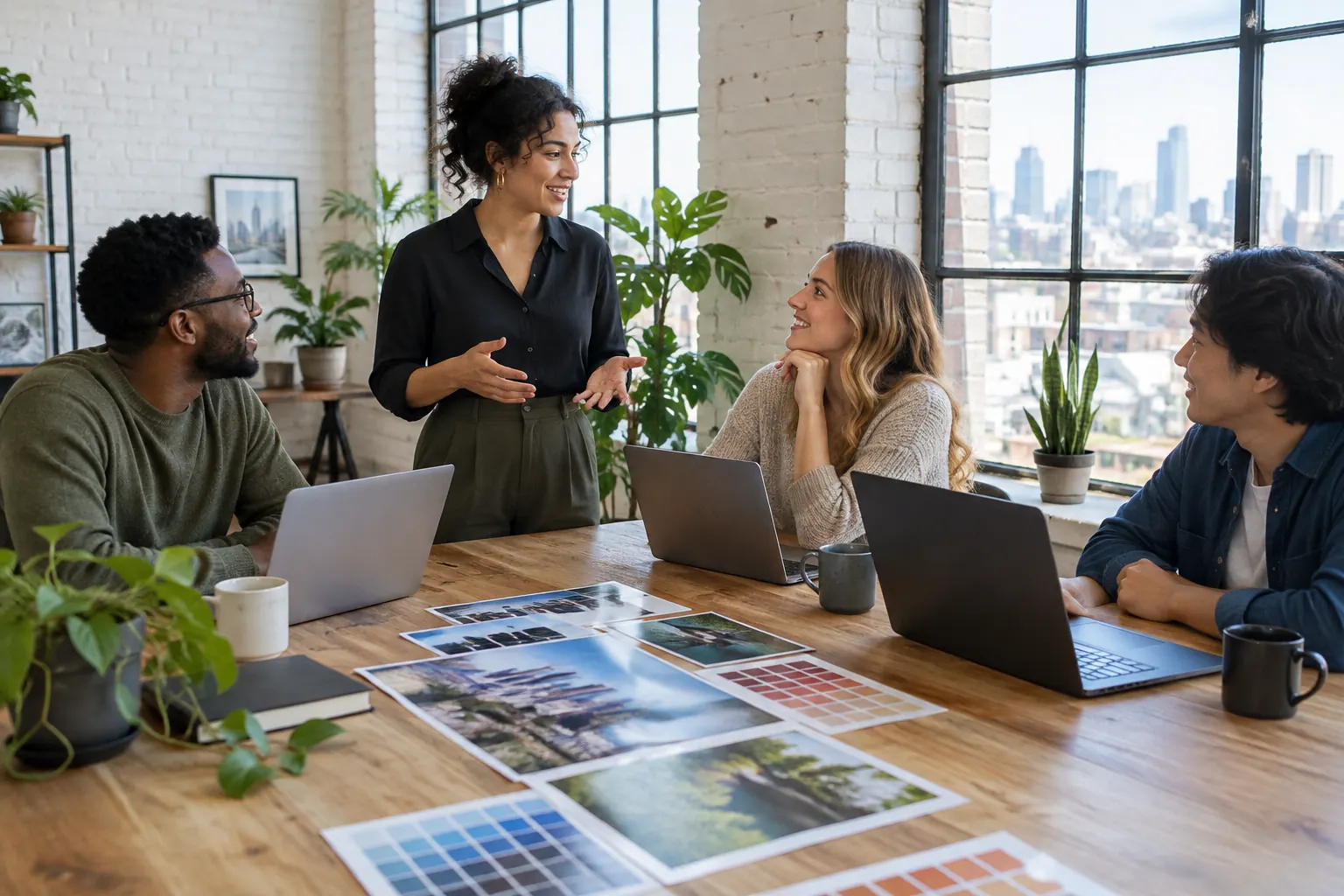 Four people talking around a table in a bright studio