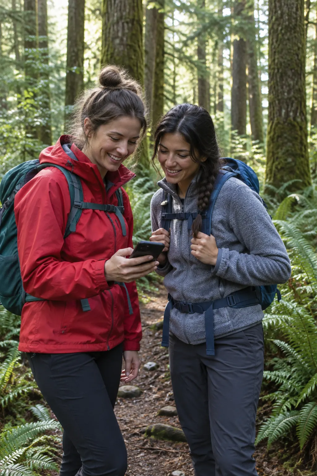 Two hikers in a fern forest checking a phone together