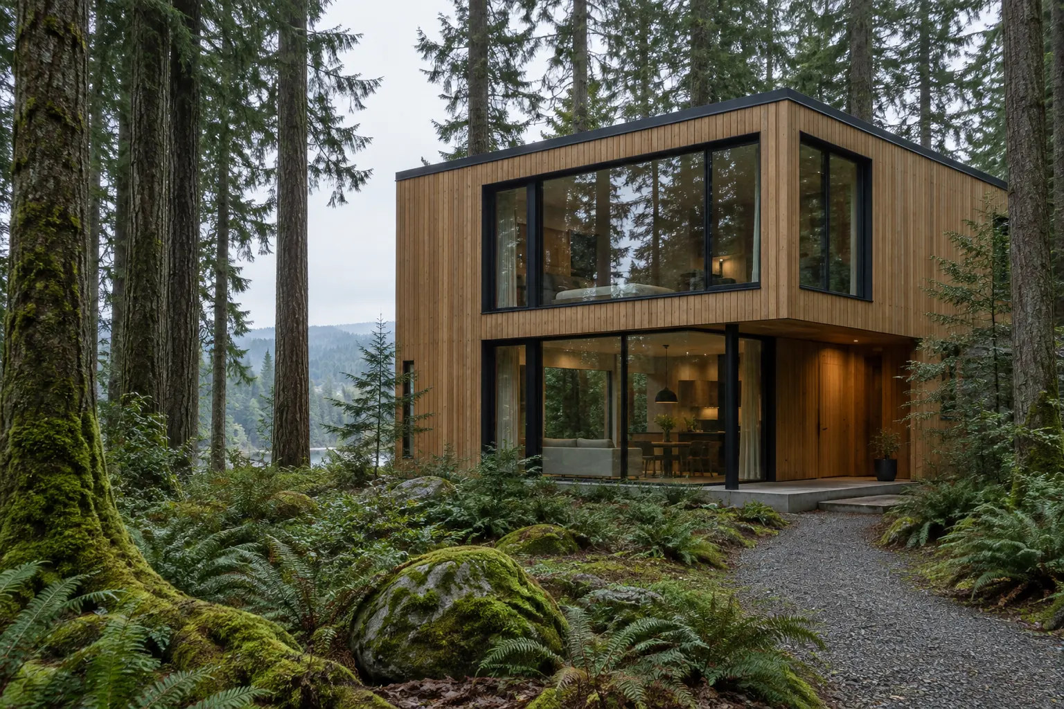 Cedar-clad modern house among tall fir trees