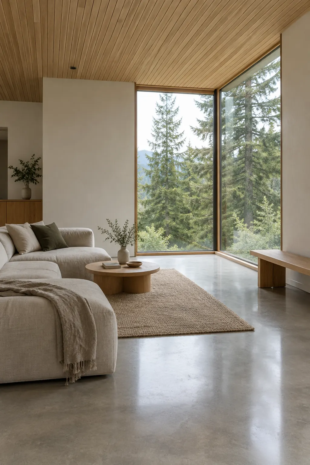 Living room with a concrete floor and a tall corner window onto fir trees