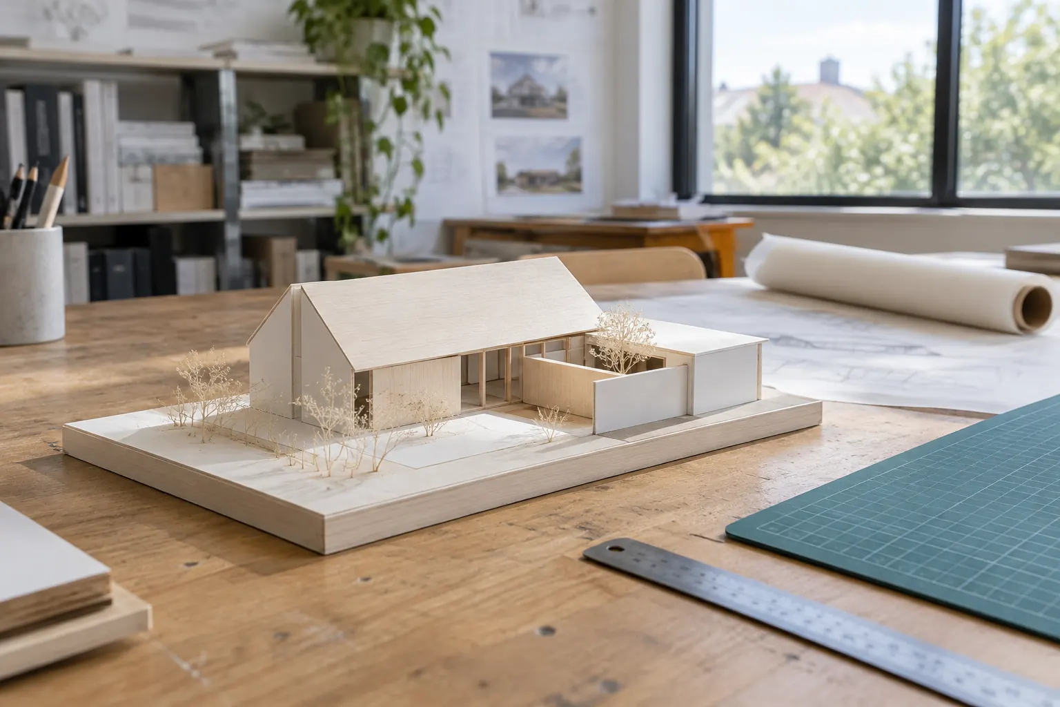 White study model of a house with a courtyard