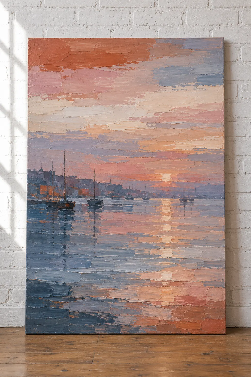 Harbor, Evening: sailboats on calm water under a pink and orange sky