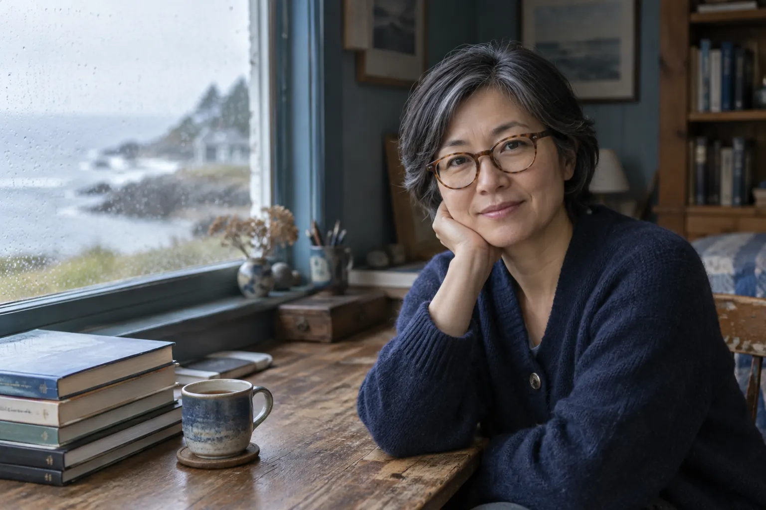 Miriam Seo at her writing desk by a rainy window