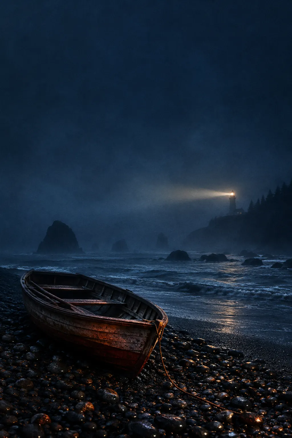 Cover of The Keeper's Light: a rowboat on a dark beach below a lighthouse