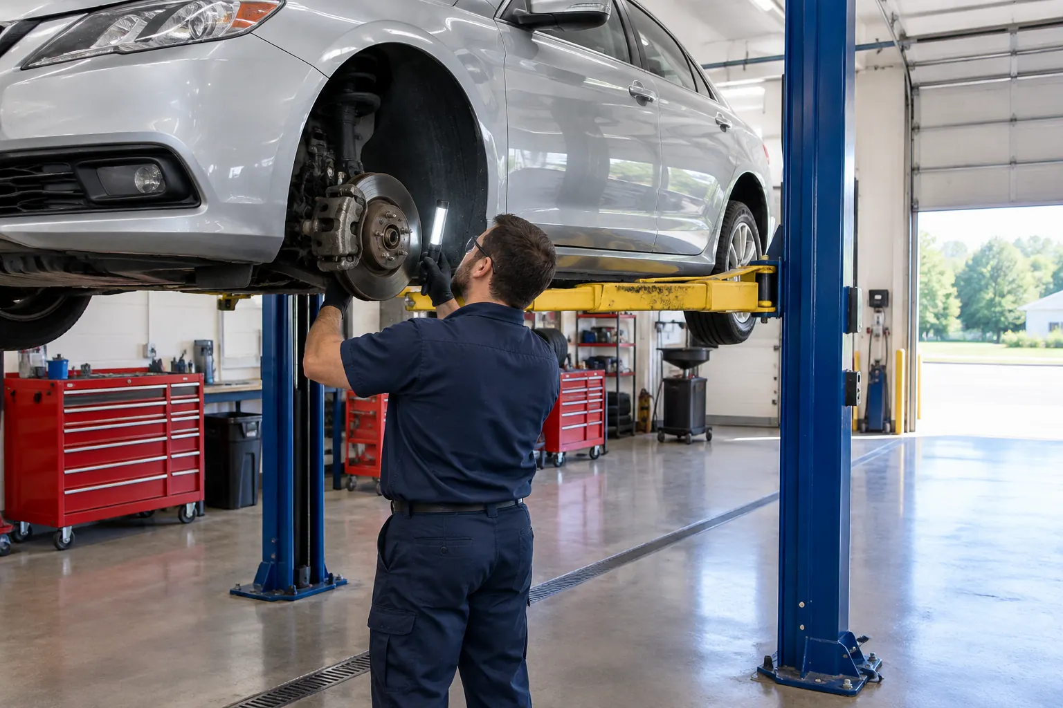 Mechanic checking the brakes of a car on a lift