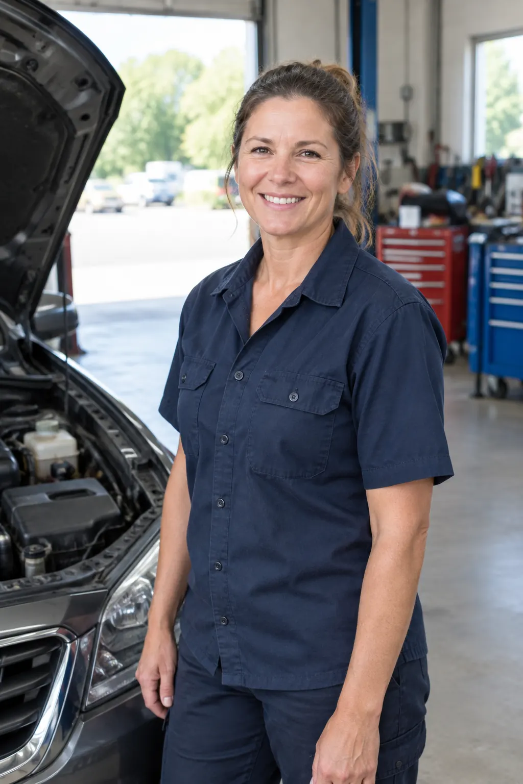 Shop owner standing next to an open car hood