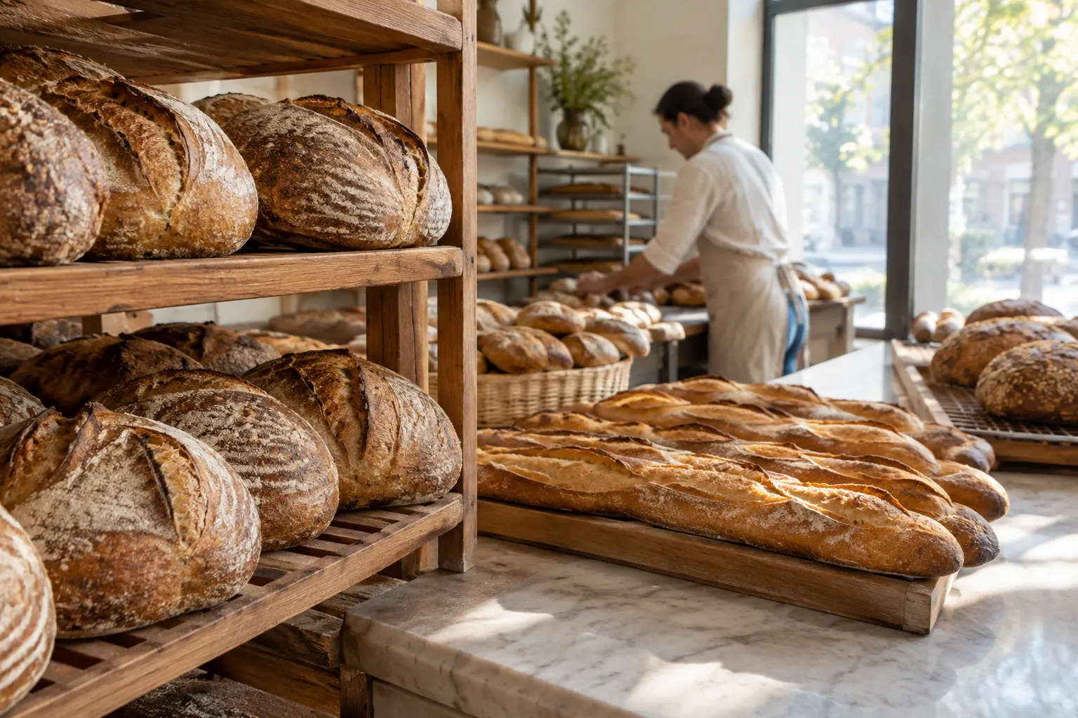 Sourdough loaves and baguettes cooling on wooden shelves in a sunny bakery