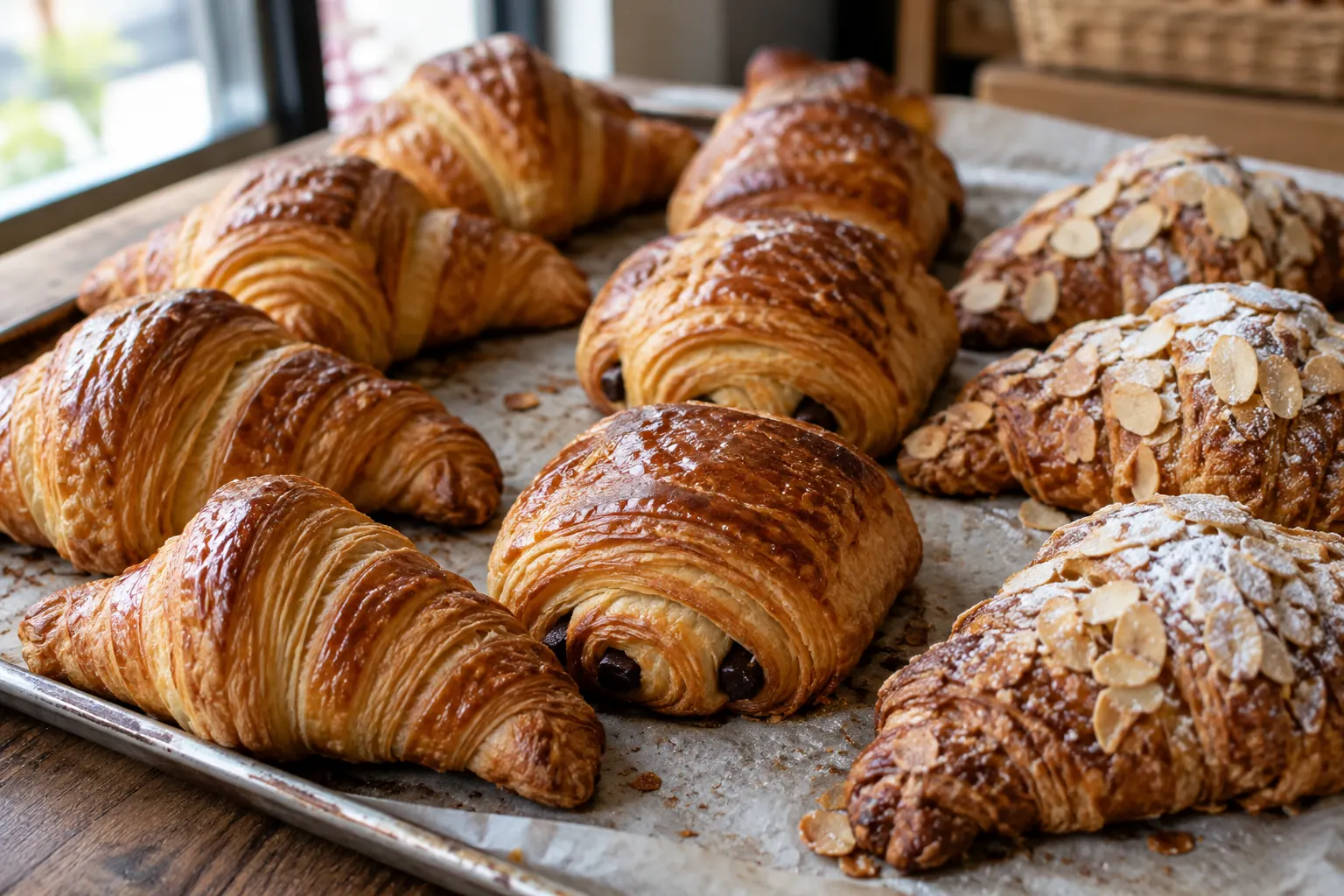Butter, almond and chocolate croissants on a baking tray