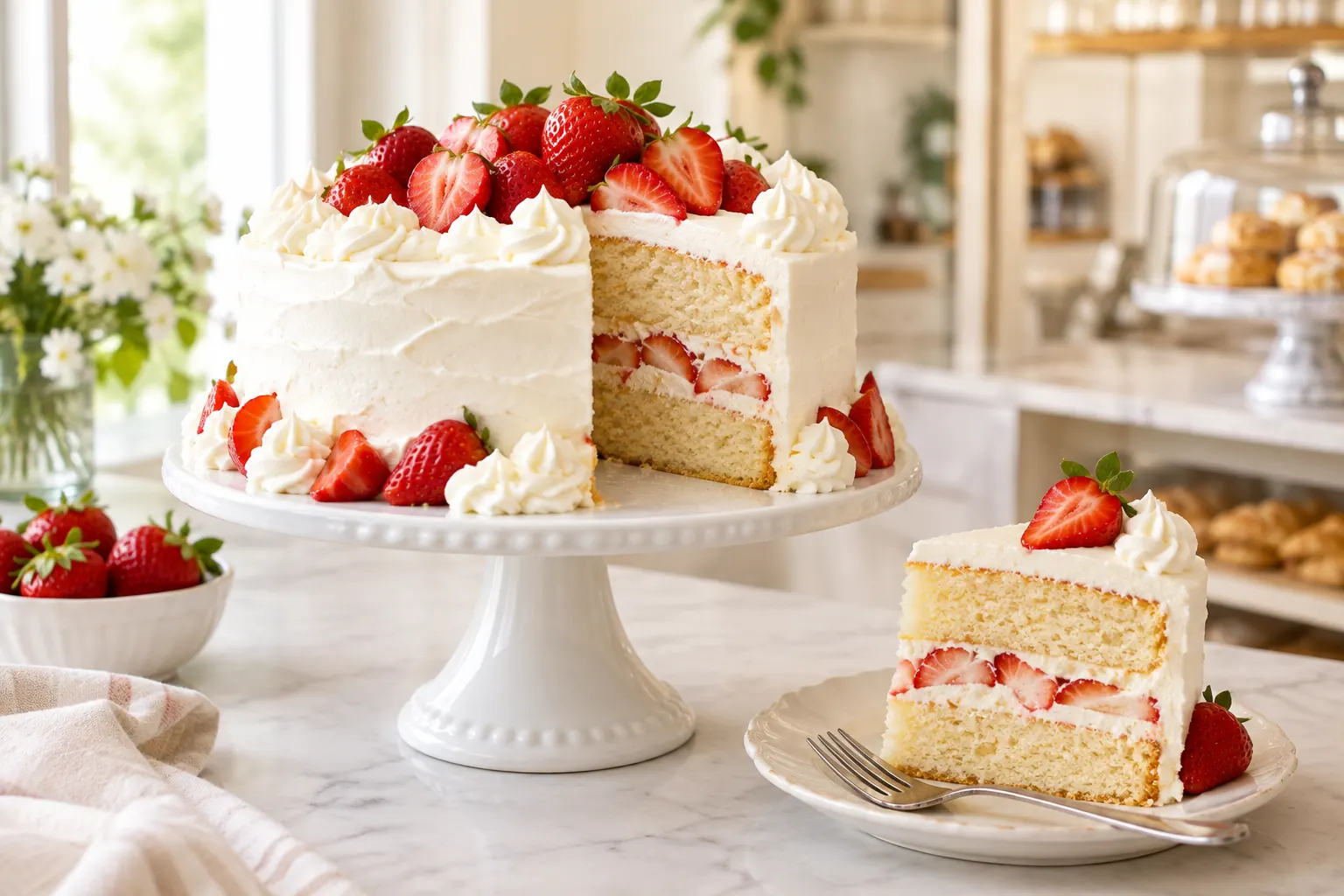 A strawberry and vanilla layer cake on a white cake stand