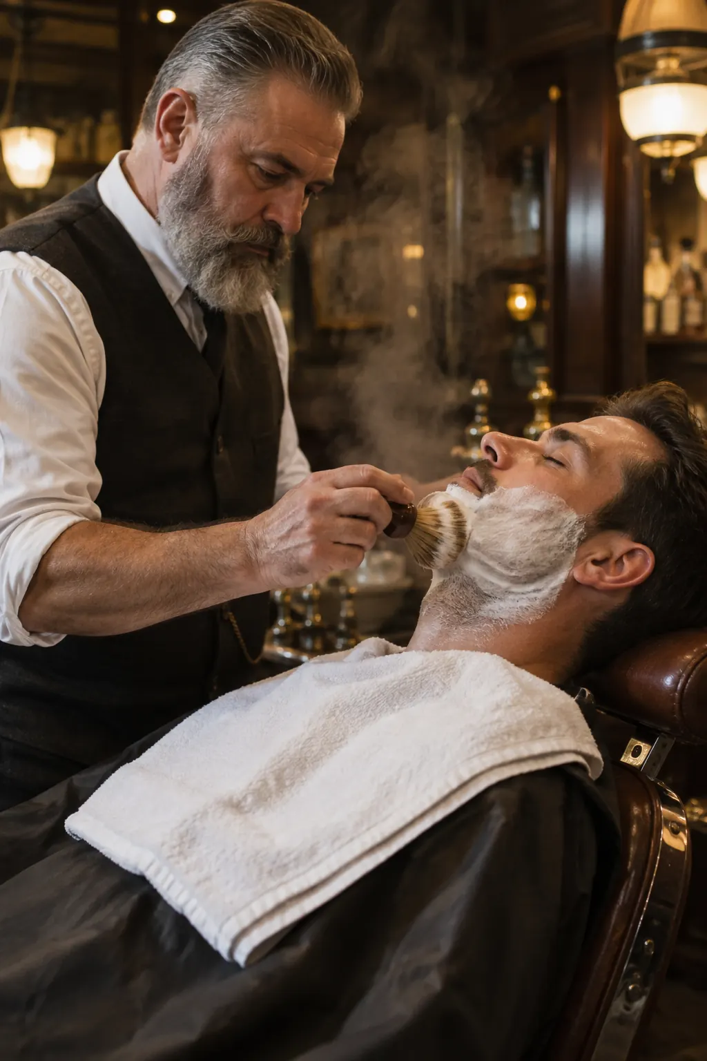 A gray-bearded barber lathering a reclining client for a shave