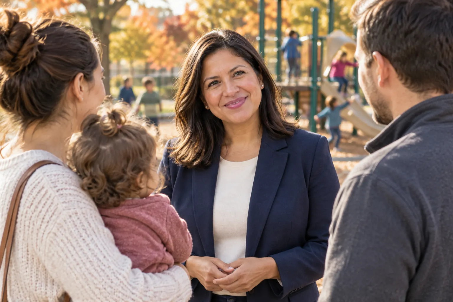 Elena Ortiz talking with parents at a neighborhood playground