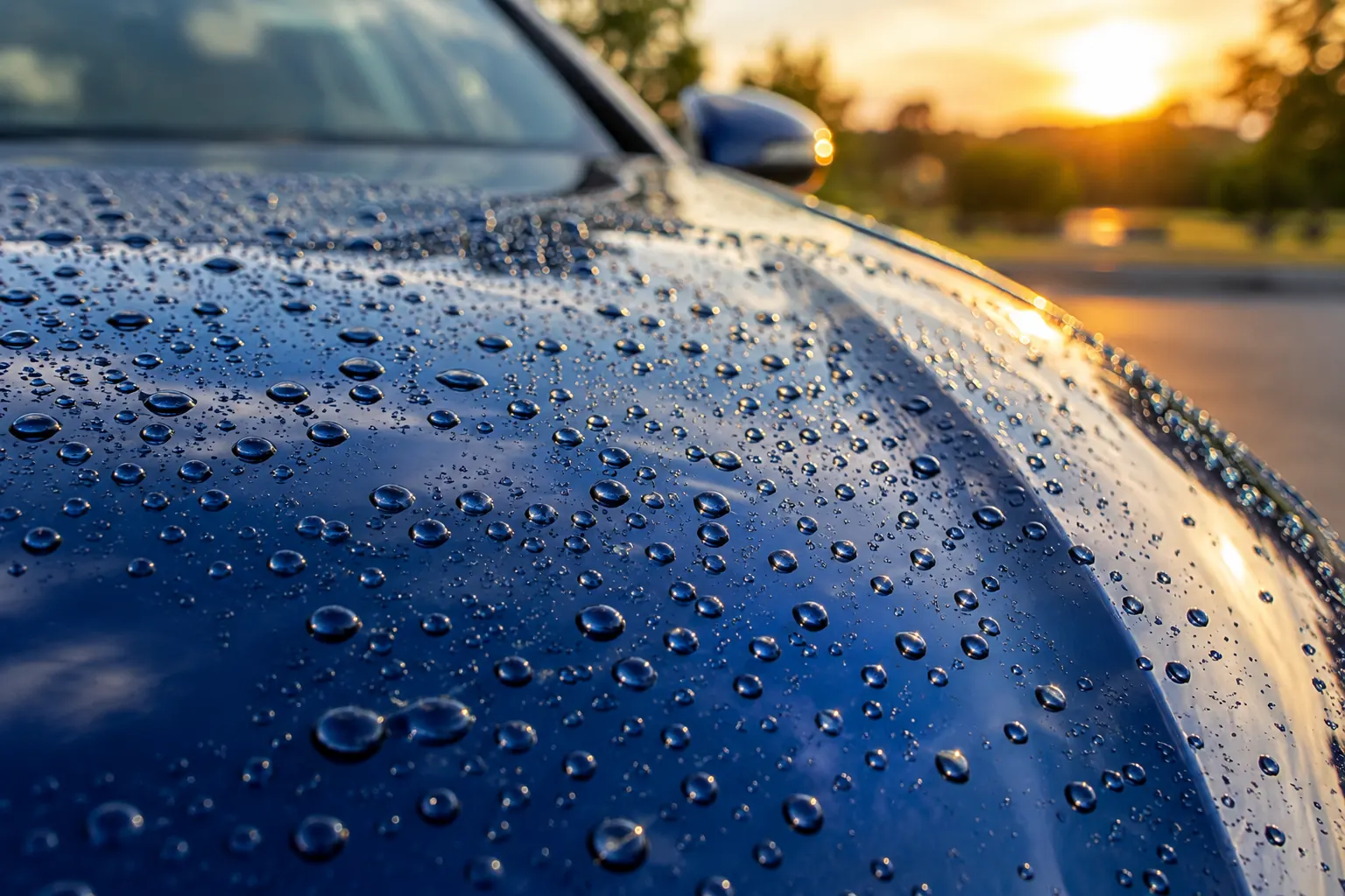 Water beading on the hood of a blue car with a ceramic coating