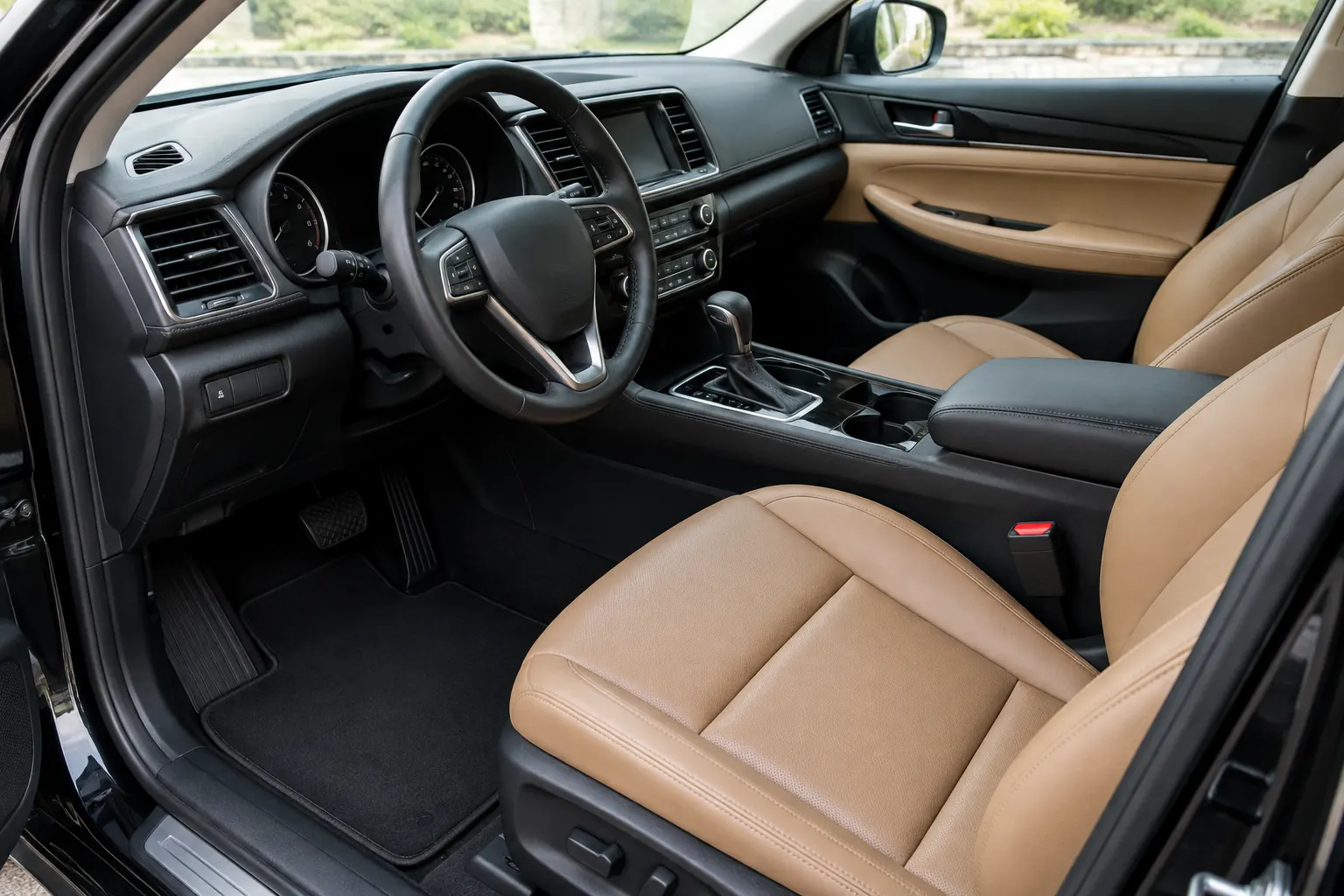 Clean car interior with tan leather seats